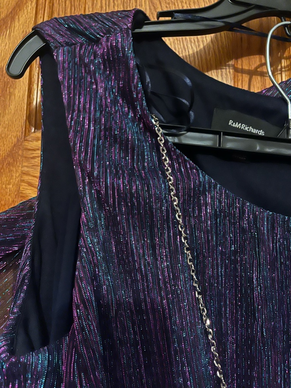 R&M Richards Iridescent Purple & Teal Evening Top with Pants & Necklace Size 14 - Picture 3 of 7